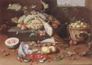 Jan Van Kessel the Younger Still life of a watermelon,pears,grapes and melons,plums,apricots and pears in a basket,with a dog surprising a monkey and fraises-de-bois spilling ou china oil painting reproduction